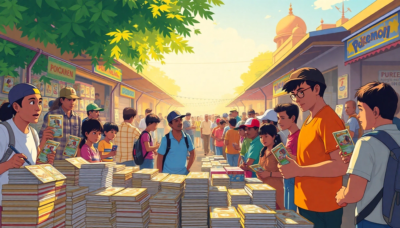 Explore a lively marketplace filled with enthusiastic collectors of Pokemon tcg in India, showcasing vibrant card displays and cultural elements.